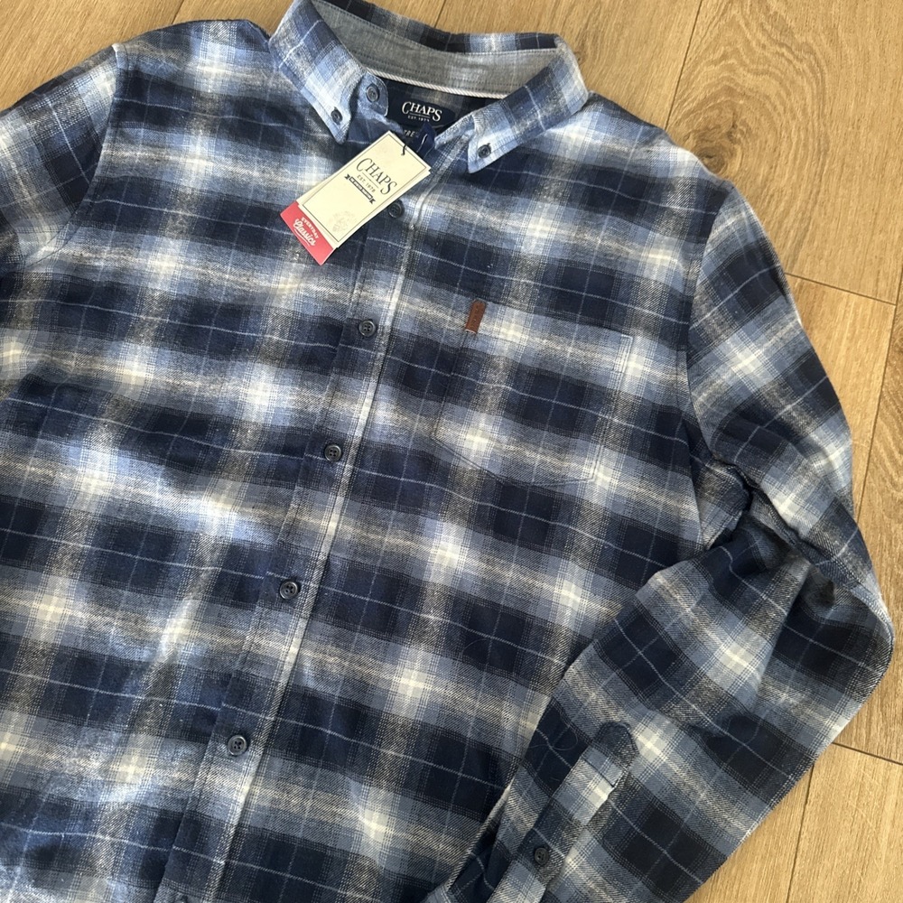 Chaps‎ Men's Blue Plaid Flannel Shirt LS Button Down Comfort Stretch Medium NEW